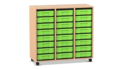 Flexeo Regal mit 3 Reihen, Buche hell, Rollen, 24 Boxen grün, HxBxT: 92,3x98,6x40,8 cm