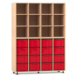 Flexeo Regal mit 4 Reihen, Buche hell, Sockel, inkl. 16 große Boxen rot unten