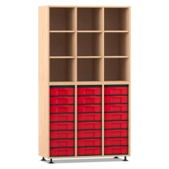 Flexeo Regal mit 3 Reihen, Buche hell, Sockel, inkl. 24 kleine Boxen rot unten
