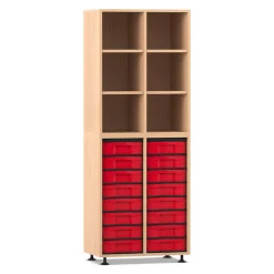 Flexeo Regal mit 2 Reihen, Buche hell, Sockel, inkl. 16 kleine Boxen rot unten