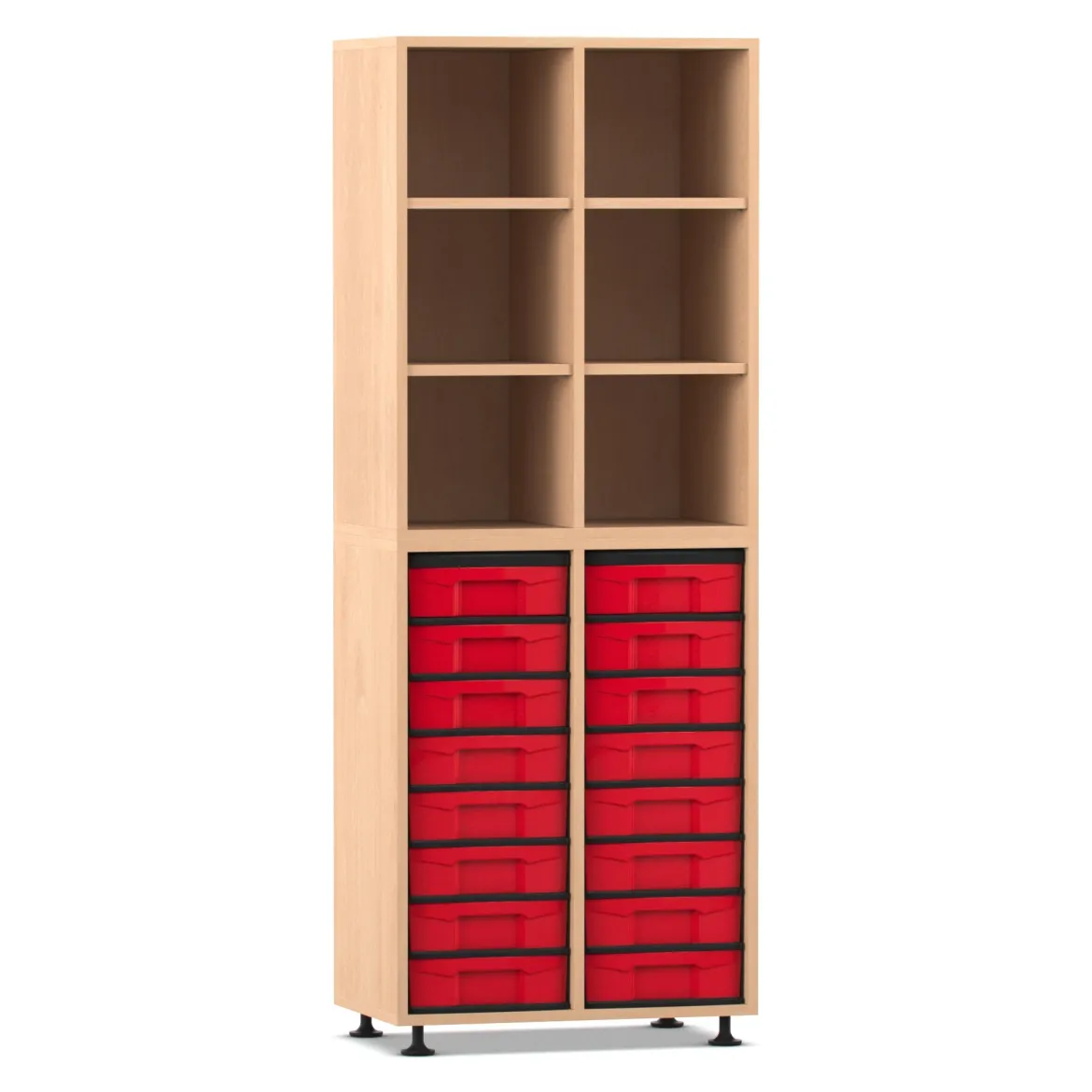 Flexeo Regal mit 2 Reihen, Buche hell, Sockel, inkl. 16 kleine Boxen rot unten