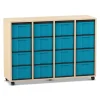 Flexeo Regal mit 4 Reihen, Dekor Ahorn Honig, Rollen, 16 hohe Schubladen blau
