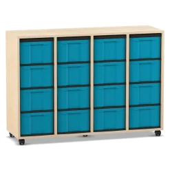 Flexeo Regal mit 4 Reihen, Dekor Ahorn Honig, Rollen, 16 hohe Schubladen blau