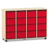 Flexeo Regal mit 4 Reihen, Dekor Ahorn Honig, Rollen, 16 hohe Schubladen rot