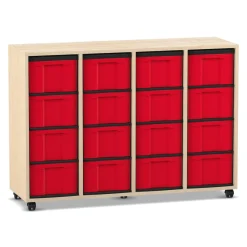 Flexeo Regal mit 4 Reihen, Dekor Ahorn Honig, Rollen, 16 hohe Schubladen rot