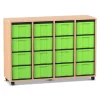 Flexeo Regal mit 4 Reihen, Dekor Buche hell, Rollen, 16 hohe Schubladen grün, HxBxT: 92,3 x 130,7 x 40,8 cm