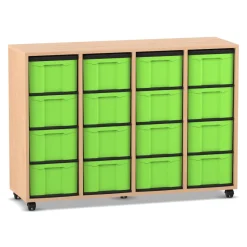 Flexeo Regal mit 4 Reihen, Dekor Buche hell, Rollen, 16 hohe Schubladen grün, HxBxT: 92,3 x 130,7 x 40,8 cm