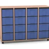 Flexeo Regal mit 4 Reihen, Dekor Buche hell, Rollen, 16 hohe Schubladen blau