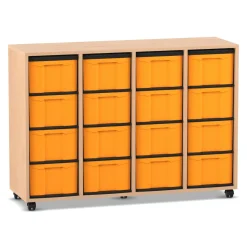 Flexeo Regal mit 4 Reihen, Dekor Buche hell, Rollen, 16 hohe Schubladen gelb, HxBxT: 92,3 x 130,7 x 40,8 cm