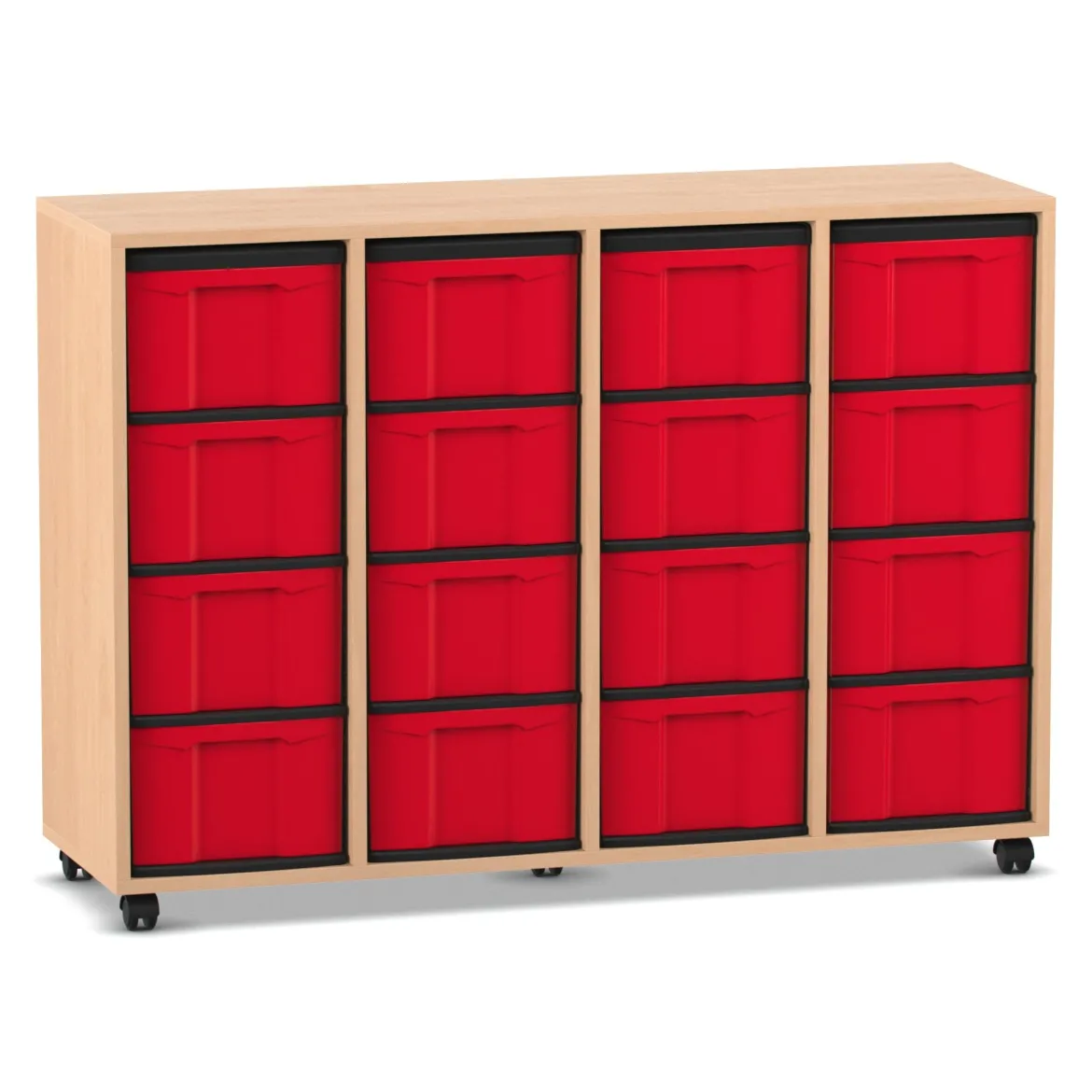 Flexeo Regal mit 4 Reihen, Dekor Buche hell, Rollen, 16 hohe Schubladen rot, HxBxT: 92,3 x 130,7 x 40,8 cm