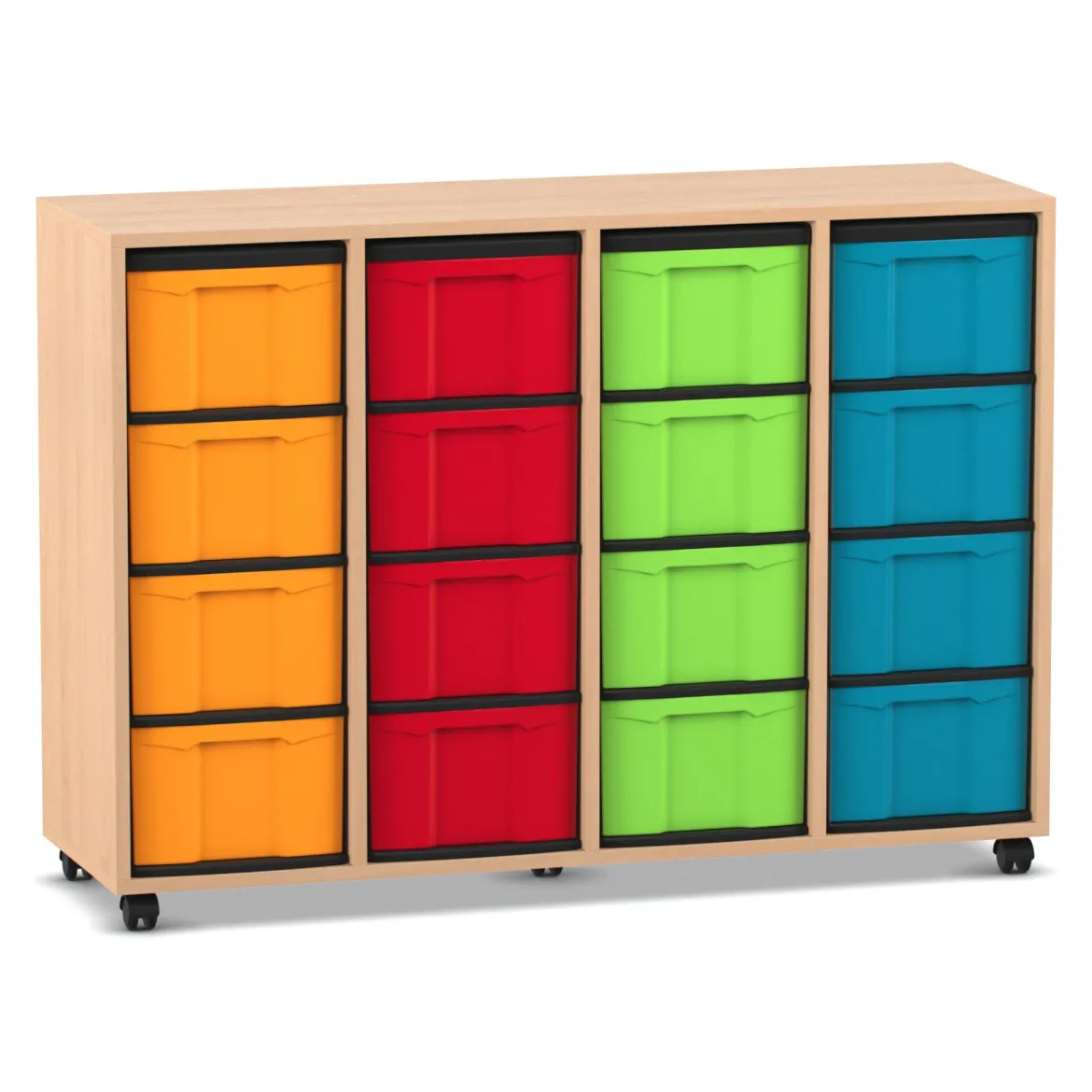 Flexeo Regal mit 4 Reihen, Dekor Buche hell, Sockel, 16 hohe Schubladen bunt, HxBxT: 92,3 x 130,7 x 40,8 cm