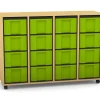 Flexeo Regal mit 4 Reihen, Dekor Buche hell, Sockel, 16 hohe Schubladen grün, HxBxT: 92,3 x 130,7 x 40,8 cm