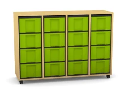 Flexeo Regal mit 4 Reihen, Dekor Buche hell, Sockel, 16 hohe Schubladen grün, HxBxT: 92,3 x 130,7 x 40,8 cm