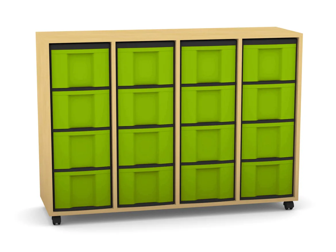 Flexeo Regal mit 4 Reihen, Dekor Buche hell, Sockel, 16 hohe Schubladen grün, HxBxT: 92,3 x 130,7 x 40,8 cm