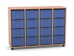 Flexeo Regal mit 4 Reihen, Dekor Buche hell, Stellfüße, 16 hohe Schubladen blau, HxBxT: 92,3 x 130,7 x 40,8 cm