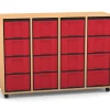 Flexeo Regal mit 4 Reihen, Dekor Buche hell, Stellfüße, 16 hohe Schubladen rot, HxBxT: 92,3 x 130,7 x 40,8 cm