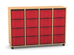 Flexeo Regal mit 4 Reihen, Dekor Buche hell, Stellfüße, 16 hohe Schubladen rot, HxBxT: 92,3 x 130,7 x 40,8 cm
