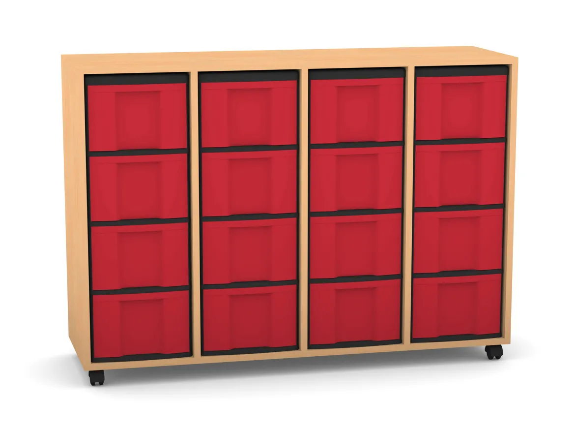 Flexeo Regal mit 4 Reihen, Dekor Buche hell, Stellfüße, 16 hohe Schubladen rot, HxBxT: 92,3 x 130,7 x 40,8 cm