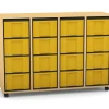 Flexeo Regal mit 4 Reihen, Dekor Buche hell, Stellfüße, 16 hohe Schubladen gelb, HxBxT: 92,3 x 130,7 x 40,8 cm