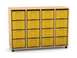 Flexeo Regal mit 4 Reihen, Dekor Buche hell, Stellfüße, 16 hohe Schubladen gelb, HxBxT: 92,3 x 130,7 x 40,8 cm