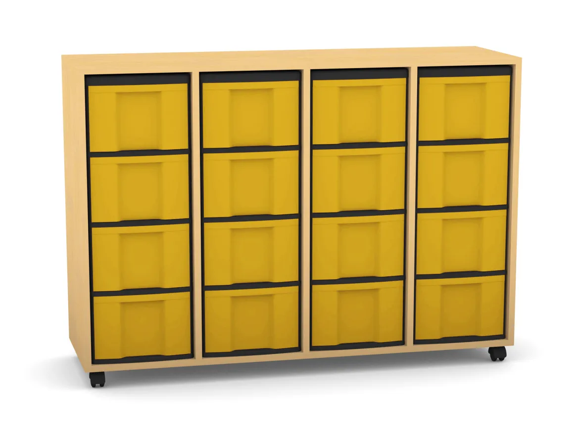 Flexeo Regal mit 4 Reihen, Dekor Buche hell, Stellfüße, 16 hohe Schubladen gelb, HxBxT: 92,3 x 130,7 x 40,8 cm