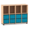 Flexeo® Regal mit 4 Reihen, 4 Fächern und 8 großen Boxen hellblau unten, Rollen