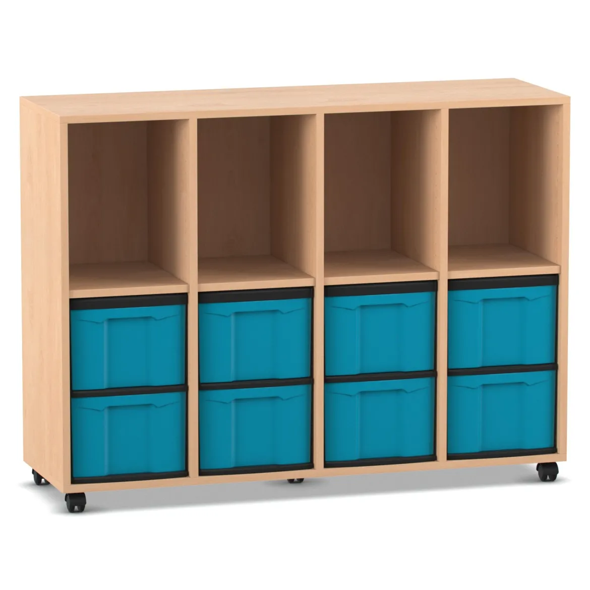 Flexeo® Regal mit 4 Reihen, 4 Fächern und 8 großen Boxen hellblau unten, Rollen