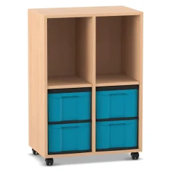 Flexeo® Regal mit 2 Reihen, 2 Fächern und 4 großen Boxen hellblau unten, Rollen
