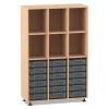Flexeo® Regal mit 3 Reihen, 6 Fächern und 18 kleinen transparenten Boxen unten, Sockel