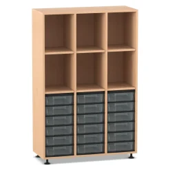 Flexeo® Regal mit 3 Reihen, 6 Fächern und 18 kleinen transparenten Boxen unten, Sockel