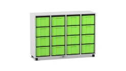 Flexeo Regal mit 4 Reihen, grau, HxBxT: 92,3 x 130,7 x 40,8 cm, 16 hohe Schubladen grün, Rollen