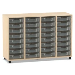 Flexeo Regal PRO, Ahorn honig, HxBxT: 99.1 x 143.9 x 48 cm, mit 4 Reihen, Rollen, inkl. 32 kleine Boxen transparent