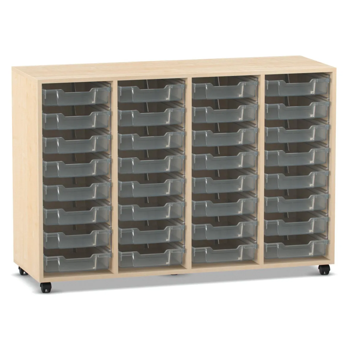 Flexeo Regal PRO, Ahorn honig, HxBxT: 99.1 x 143.9 x 48 cm, mit 4 Reihen, Rollen, inkl. 32 kleine Boxen transparent
