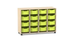 Flexeo® Regal PRO, Ahorn honig, HXBXT: 99,1 x 143,9 x 48 cm, 4 Reihen, 16 Boxen Gr. M, hellgrün, Rollen
