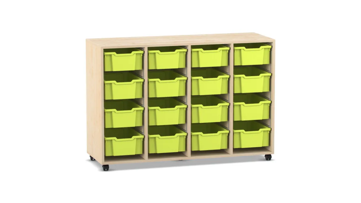 Flexeo® Regal PRO, Ahorn honig, HXBXT: 99,1 x 143,9 x 48 cm, 4 Reihen, 16 Boxen Gr. M, hellgrün, Rollen