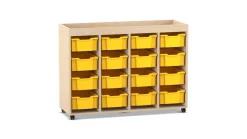 Flexeo Regal PRO, Ahorn honig, HxBxT: 105,6 x 143,9 x 48 cm, 4 Reihen, 16 große Boxen, Rollen