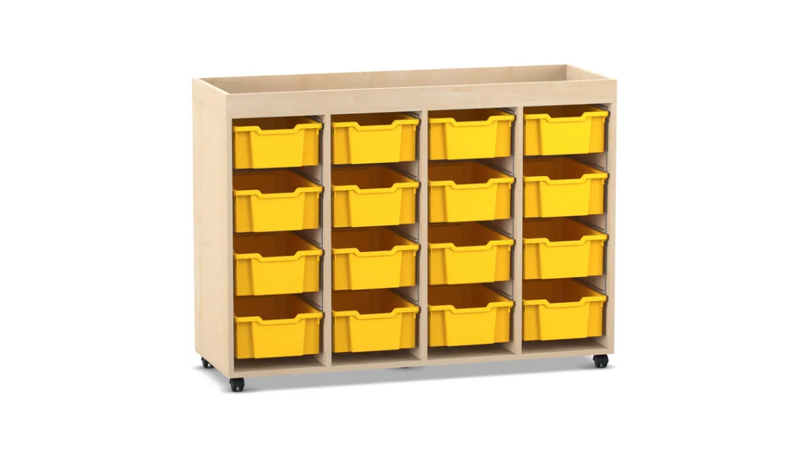 Flexeo Regal PRO, Ahorn honig, HxBxT: 105,6 x 143,9 x 48 cm, 4 Reihen, 16 große Boxen, Rollen