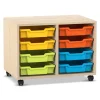Flexeo Regal PRO, Ahorn honig, HxBxT: 54,3 x 73,1 x 48 cm, 2 Reihen, 8 kleine Boxen bunt A, Rollen