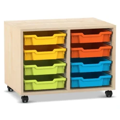 Flexeo Regal PRO, Ahorn honig, HxBxT: 54,3 x 73,1 x 48 cm, 2 Reihen, 8 kleine Boxen bunt A, Rollen