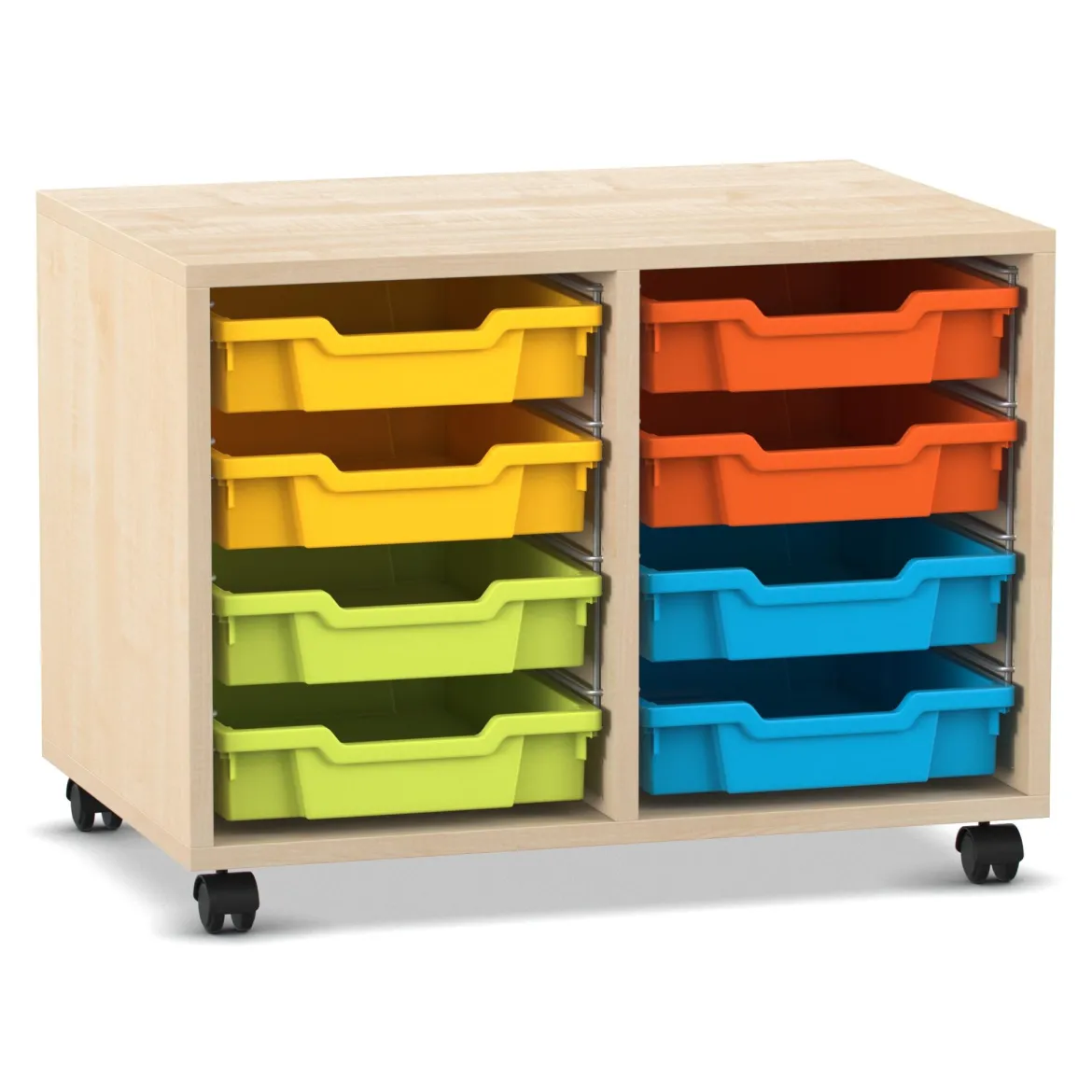 Flexeo Regal PRO, Ahorn honig, HxBxT: 54,3 x 73,1 x 48 cm, 2 Reihen, 8 kleine Boxen bunt A, Rollen