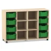 Flexeo Regal PRO, Ahorn honig, 4 Reihen, BxHxT: 143,9x99,1x48 cm, 8 große Boxen dunkelgrün, Rollen