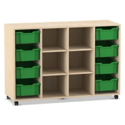 Flexeo Regal PRO, Ahorn honig, 4 Reihen, BxHxT: 143,9x99,1x48 cm, 8 große Boxen dunkelgrün, Rollen