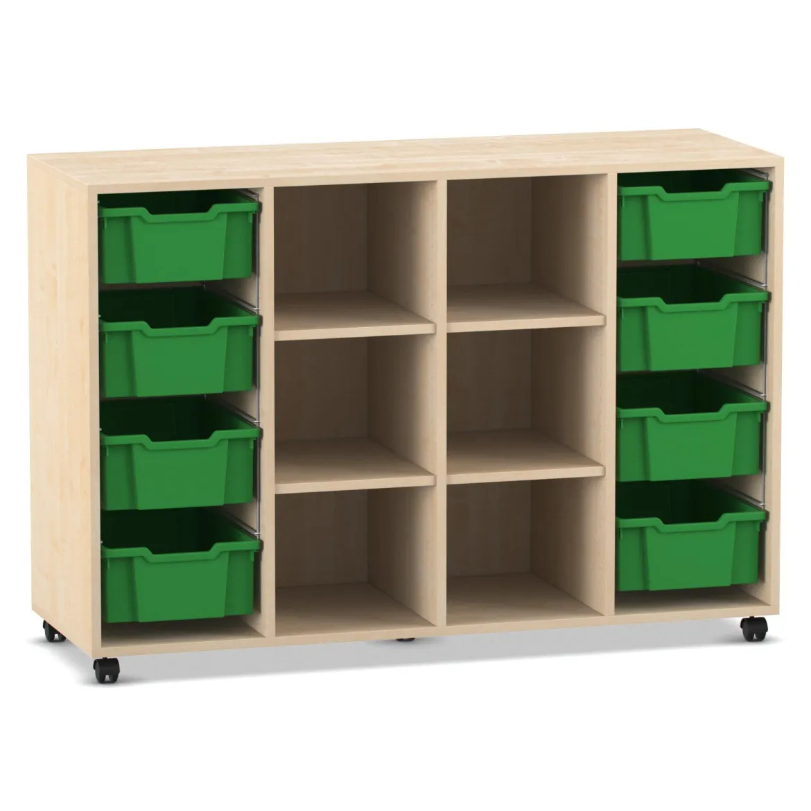 Flexeo Regal PRO, Ahorn honig, 4 Reihen, BxHxT: 143,9x99,1x48 cm, 8 große Boxen dunkelgrün, Rollen