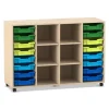 Flexeo Regal PRO, Ahorn honig, 4 Reihen, 16 kleine Boxen, bunte Variante B, Rollen, HxBxT: 99,1x143,9x48 cm