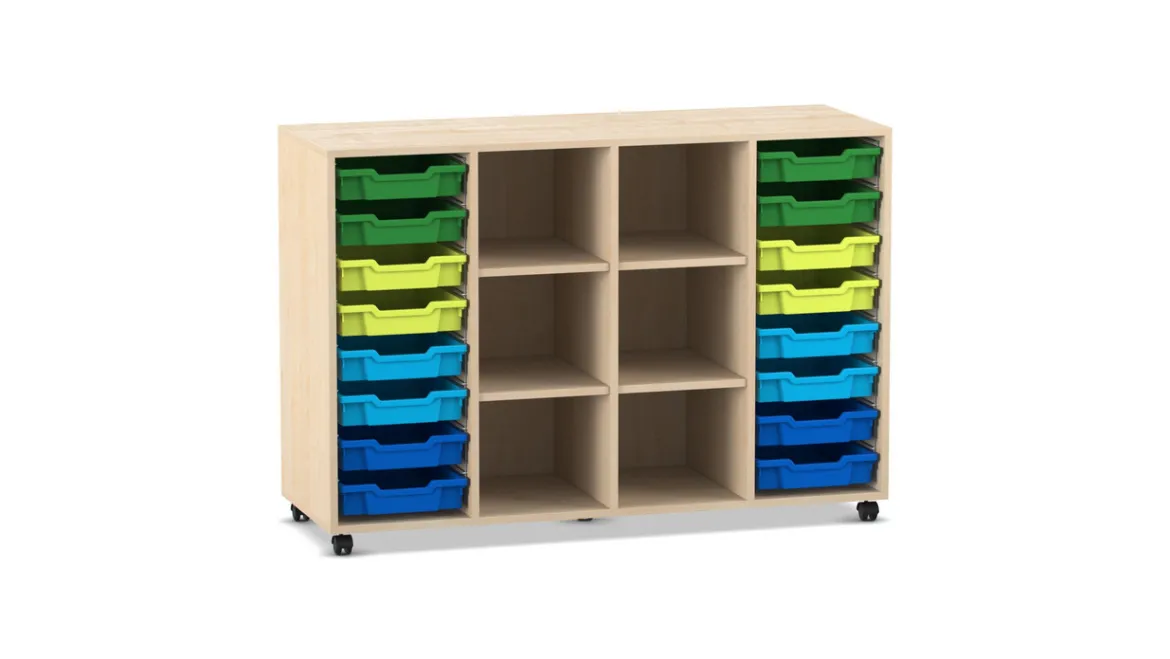 Flexeo Regal PRO, Ahorn honig, 4 Reihen, 16 kleine Boxen, bunte Variante B, Rollen, HxBxT: 99,1x143,9x48 cm