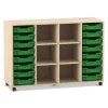 Flexeo Regal PRO, Ahorn honig, 4 Reihen, 16 kleine Boxen dunkelgrün, Rollen, HxBxT: 99,1x143,9x48 cm