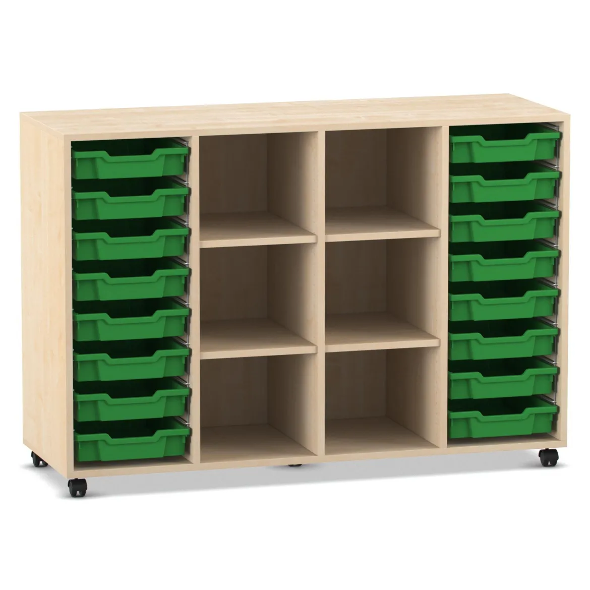 Flexeo Regal PRO, Ahorn honig, 4 Reihen, 16 kleine Boxen dunkelgrün, Rollen, HxBxT: 99,1x143,9x48 cm