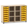 Flexeo® Regal PRO Ahorn honig, 99,1 x 143,9 x 48 cm, 4 Reihen, 6 Fächer, 16 Boxen gelb, Rollen