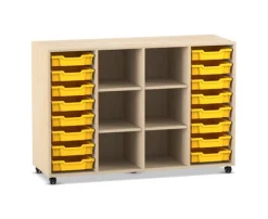 Flexeo® Regal PRO Ahorn honig, 99,1 x 143,9 x 48 cm, 4 Reihen, 6 Fächer, 16 Boxen gelb, Rollen