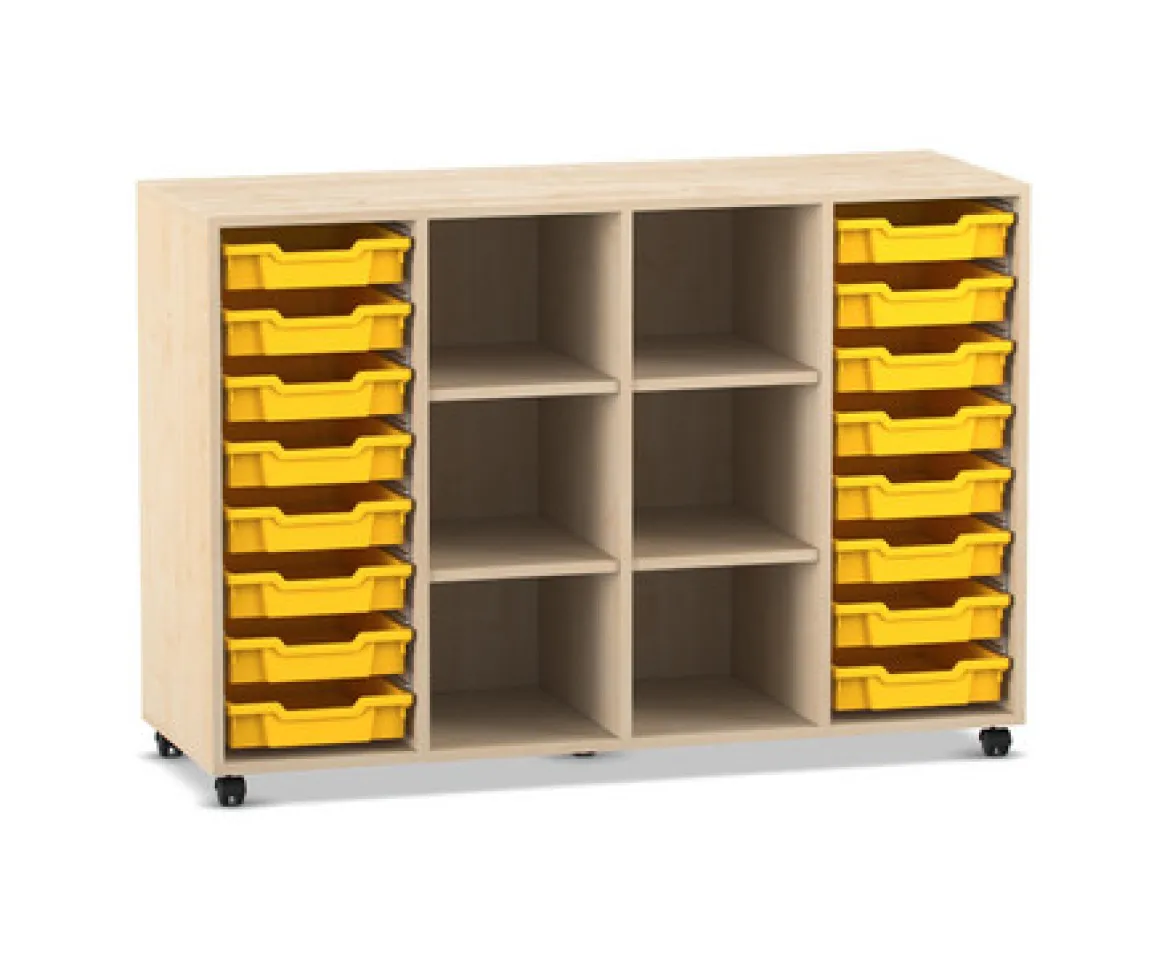 Flexeo® Regal PRO Ahorn honig, 99,1 x 143,9 x 48 cm, 4 Reihen, 6 Fächer, 16 Boxen gelb, Rollen
